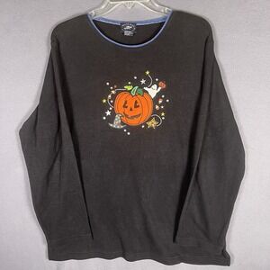 Halloween Sweater Women's L Black Cat Jack-O-Lantern‎ Moving Bleu Cotton Blend